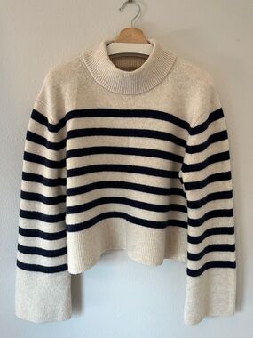 J. Crew Cropped Mock Neck Boxy Wide Bell Sleeve Striped Sweater Merino Alpaca
